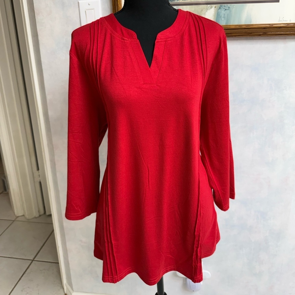 Elegant Red Women's Long Sleeve Top, V Neck.